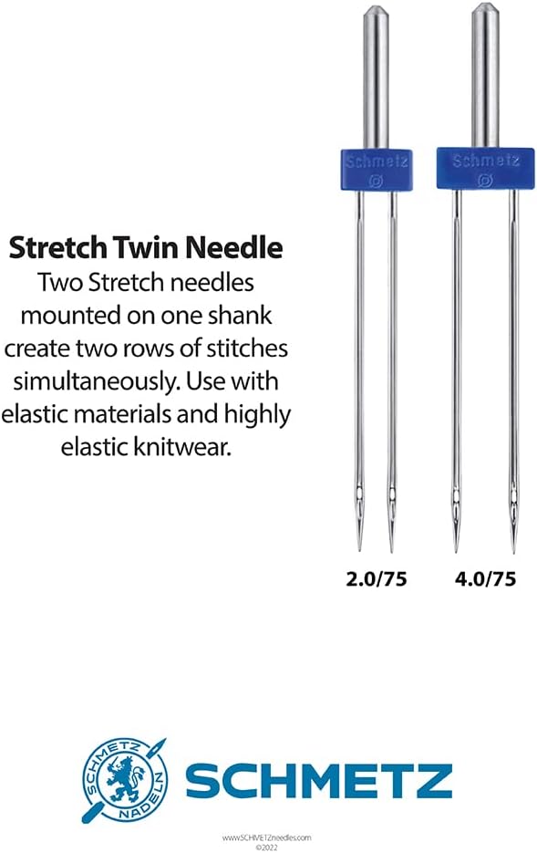SCHMETZ Stretch Twin Sewing Machine Needle Combo Pack (2 Needles Total and 1 SCHMETZ ABC Pocket Guide)