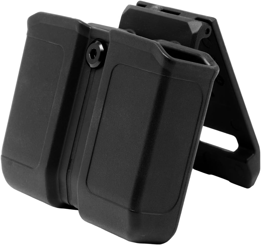 GRITR OWB Double Mag Carrier – 9mm/.357/.40 Cal Double Stack Handgun Mags – Ambidextrous Spare Mag Carrier w/Adjustable Cant & Retention, Internal Tensioner Spring, Secure Hinge-Style Belt Attachment