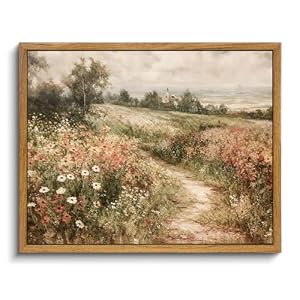 OIQArtOIQ Framed Canvas Wall Art,Vintage Decor,Landscape Nature Country Wildflower Paintings Farmhouse Pictures Modern Artwork Rustic Fall Flower Prints Cottagecore Office Living Room Bedroom Bathroom
