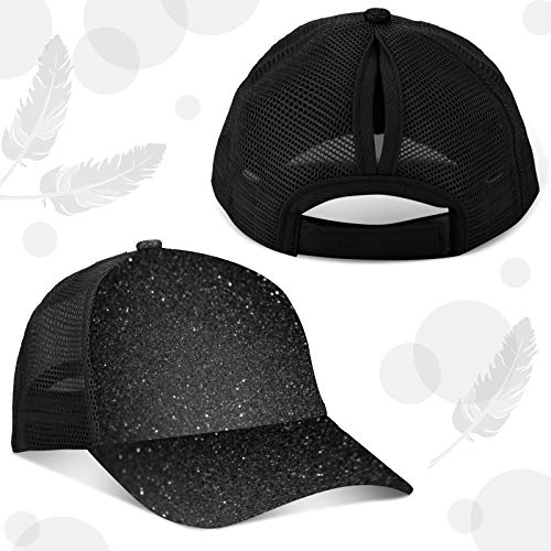 Geyoga Girls Glitter Hat Ponytail Baseball Hat For Little Girl With High Bun Messy Ponytail Hole Visor Cap (Sky Blue, Black,2 Pieces) #TOP2