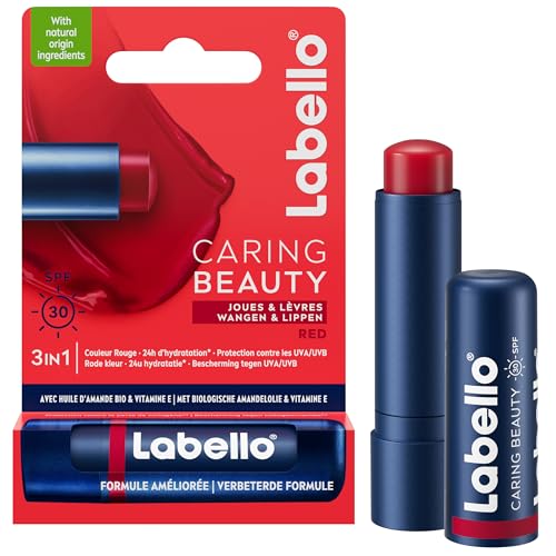 LABELLO Caring Beauty Rouge FPS 30 (1 x 5,5 ml), Stick à lèvres au beurre de karité et huile d’amande, Baume à lèvres à la couleur rouge vibrante pour...