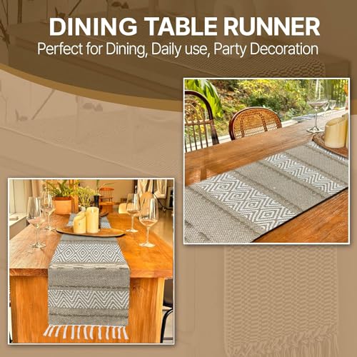 Image of Luxe Home Elegant Beige and White Woven Table Runner with Tassels - Mix Cotton Jute 13 x 74 Inch, Zig Zag - Perfect for Dining Table, Center Table, Decor