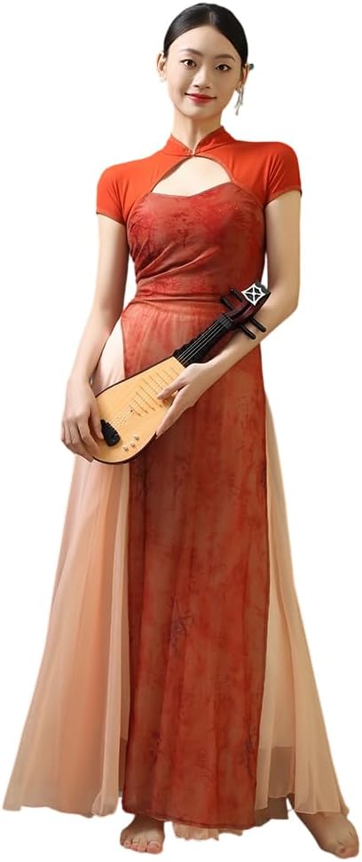 ROYAL SMEELA Women's Modern Qipao Set Elegant Chinese Style Cheongsam Performance Dress, Top+Culottes for Dance & Stage