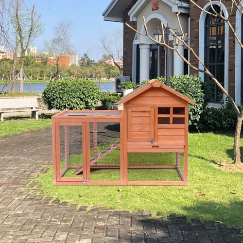 SEOCCTV 48" Chicken Coop, Modern Wooden Rabbit Cage with Detachable Tray and Anti Slip Asphalt Roof Outdoor Large Pet Hutch with Run and Chicken Nesting Box for All Poultry(Light Brown)
