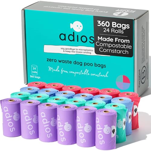 Adios - Compostable Dog Poop Bags 360 Count (24 Rolls) - Rainbow Colours - Extra Thick Leakproof Odour Proof Dog Waste Bags - Made from Compostable Cornstarch - Easy Tear Rolls Packaging May Vary