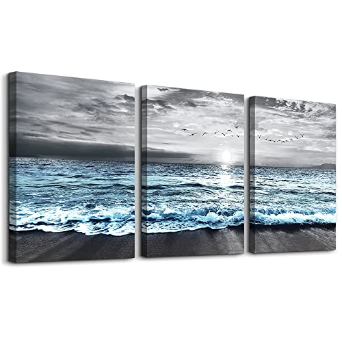 DZRWUBHS Wall Decorations For 3 Piece Framed Canvas Art Bedroom Office Decor Black &White Painting Blue Ocean Sea Wave Pictures Artwork Modern Beach Posters Home Decor,Blue Ocean Landscape Paintings by DZRWUBHS - Used condition - US$17.45