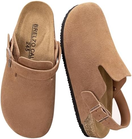 Suede Clogs for Women Men Leather Mules Soft Potato Shoes Slip On Slipper Sandals with Arch Support & Adjustable Buckle, Non-Slip