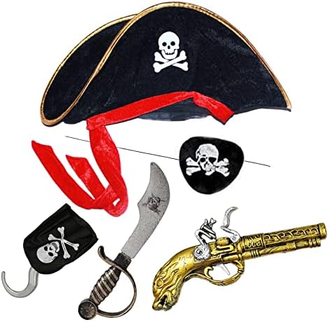 Kids Pirate Hats Set with Eye Hook Patch Toy Gun Halloween Hat Parties Costume (Set 1)