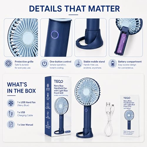 Image of TEQO Rechargeable Hand Fan 4800 RPM High Speed | 1200mAh Battery, Up to 6 Hours Runtime | Portable USB Fan with Mobile Stand & RGB Light | 3 Speed Personal Mini Fan for Travel, Makeup (Blue)