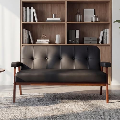 Image of STHOUYN 50 inchW Black Faux Leather Small Office Couch Loveseat Sofa with Wood Arms, Mid Century Modern Love Seat Sofas Lounge Armchair Living Room Bedroom (Black (loveseat))