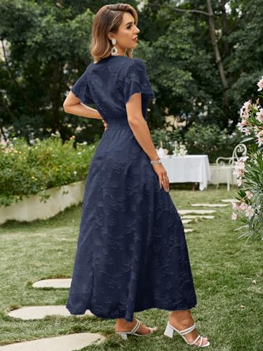 Image of Simplee Women's Boho Floral Maxi Dress Flowy Casual V Neck Short Sleeve Wedding Guest Holiday Beach Long Dress
