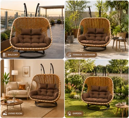 Image of Hanging Swing Chair with Cushions | Brown Woven Rattan Style Double Seater Jhula with Stand | Indoor Outdoor Balcony Patio Garden Porch Seating | Relaxation Chair for Home & Decor (Brown)