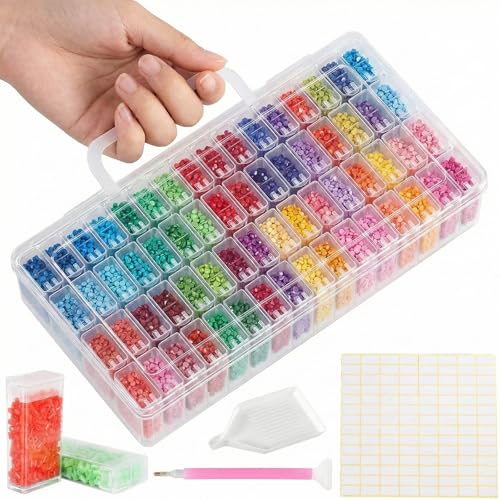 Kiperline Diamond Painting Boîtes De Rangement, 64 Pièces Diamond Painting Accessoires avec 112 Étiquettes pour Diamants, Perles Et Autres Accessoires De Bricolage