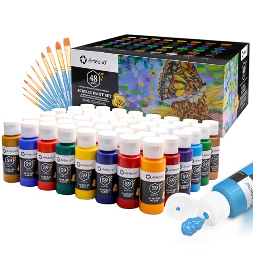 Artecho Pinturas Acrilicas 48 × 59 ml con Pincel de 10 Piezas, Acrylic Paint Set, no Tóxico, Impermeable y Resistente a la luz, para Lienzos, Tela, Madera, Cristal, Piedras.