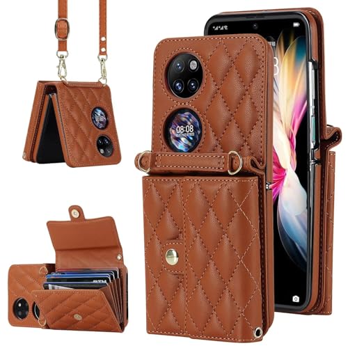 Coque pour Huawei P50 Pocket : étui portefeuille en cuir PU brun avec porte-cartes et sangle