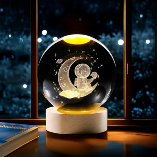 Image of CRAE 3D Crystal Night Lamp Ball - Astronaut, LED Light with Wooden Base, Creative lamp for Home Office Decoration,Best for Gifting (Astronaut)