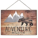 Jetec Adventure Awaits Sign Wooden Vintage Bear Mountain Wall Hanging Decoration 10 x 7 Inch Rustic Cabin Wall Art Adventure Woodland Plank Grey and White Farmhouse Inspirational Motto for Room Shelf
