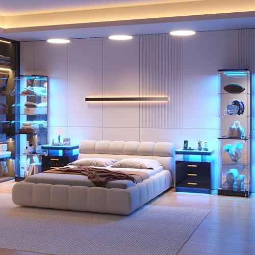 HNEBC Glass Display Case Set and TV Stand for LIvingroom, 5-Tier Curio Cabinet with RGB Lights for Collection, China Cabinet with Glass Doors, Entertainment Center with 2AC Outlet -3PCS Whit