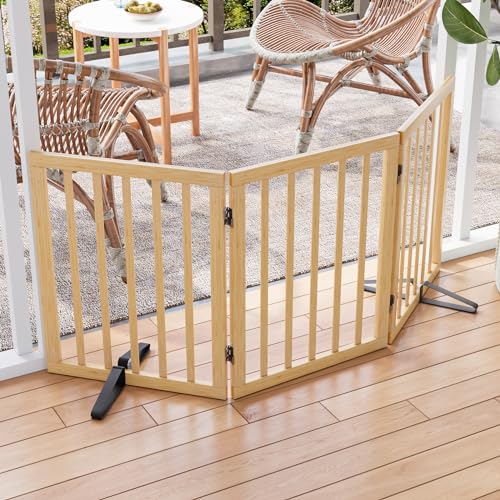 Semiocthome Freistehendes Hundegitter aus Bambus für Türen, 3-teilige Indoor-Welpentore für das Haus mit 2 Metallständern, 61 cm (H), zusammenklappbares Haustiergitter für Treppen, erweiterbar bis zu