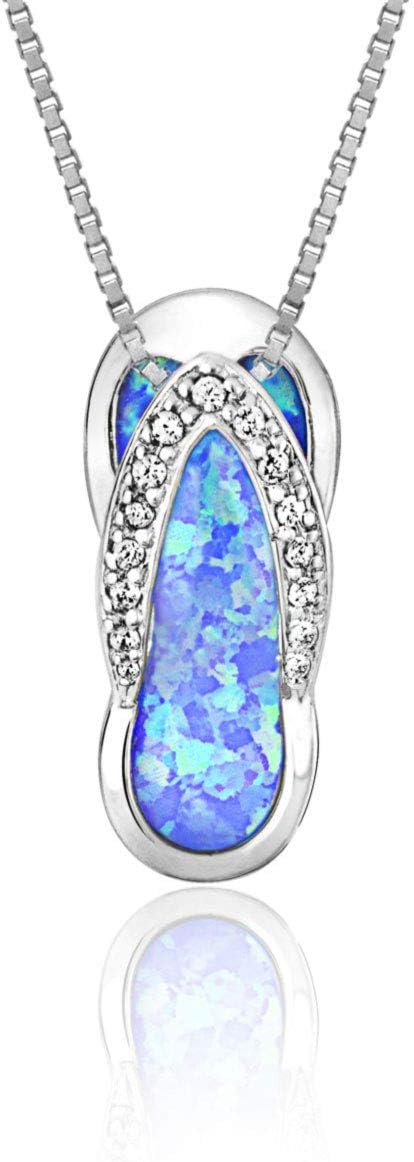 Honolulu Jewelry Company Sterling Silver Flip Flop CZ Accented Necklace Pendant with Simulated Blue Opal and 18" Box Chain