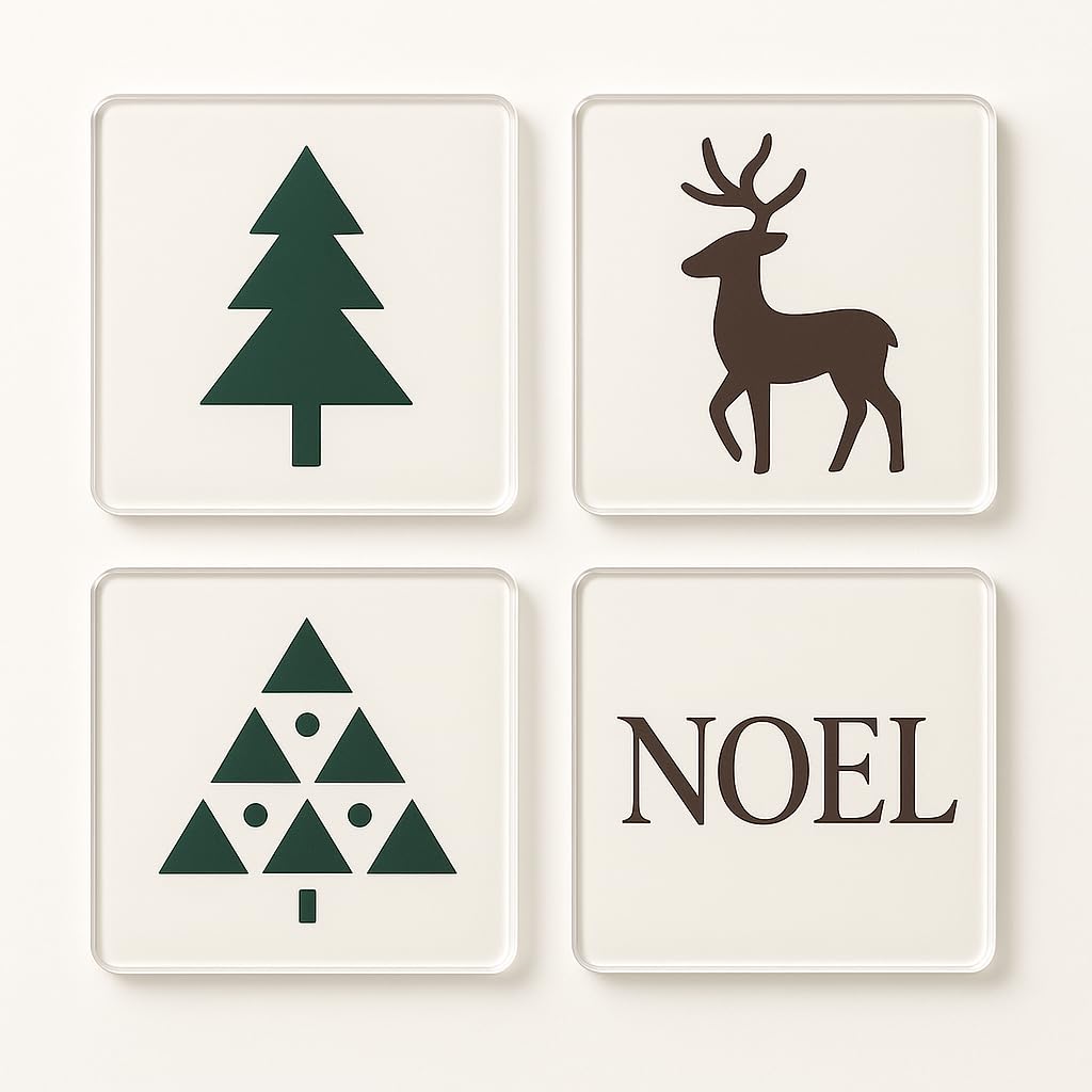 The Plum Penguin Scandi Serene Set Acrylic Christmas Coaster Gift Set Of 4 With Nordic Noel Design - Scandi Serene Christmas Decor For Home Festivities