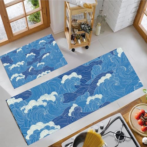Alfombras para pasillo antideslizantes y lavables con patrón de ondas azules 2