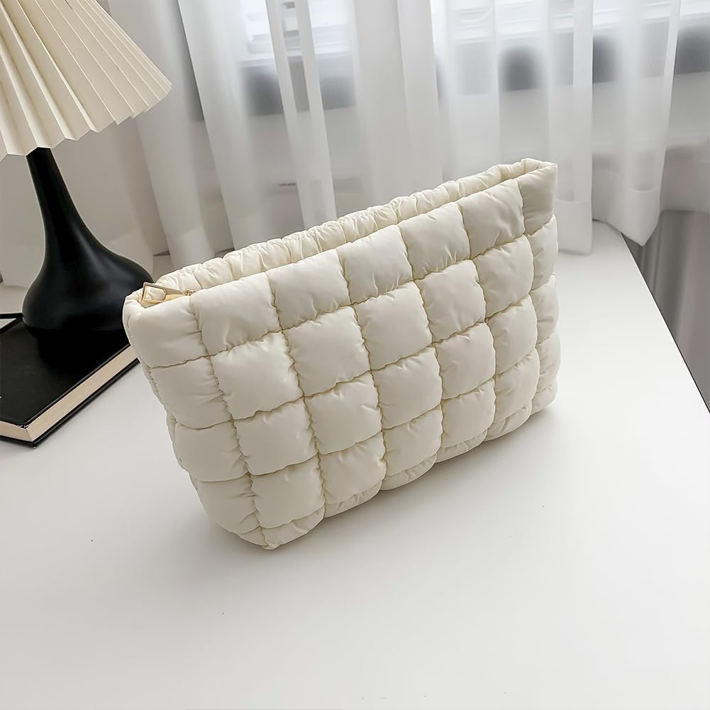 Puffy Makeup Bag with Handle Cute Quilted Cotton Cosmetic Bag Small Checkered Toiletry Zipper Pouch Purse, Green, Checkered Puffy Makeup Bag for Women (Beige)-DFTI-image-44
