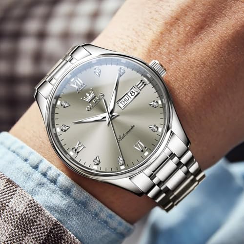 Image of OLEVS Automatic Watches for Men Self Winding Mechanical Wristwatch Luxury Business Dress Stainless Steel Luminous Waterproof Calendar Mens Watch