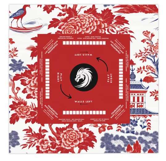Generic Red Mahjong mat, Red and blue Chinoiserie Design, Chinoiserie Style Tablecloth, size 55.1"" by 55.1"", Mahjong Chinoiserie with instructions