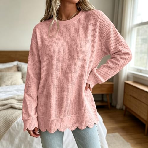 Waffle Knit Tops for Women Oversized Crew Neck Long Sleeve Scalloped Tops | Cute, Lightweight, Fall Winter Tops, Casual, Textured, Winter, Western, Holiday, Comfort, Streetwear, Pink - image 2