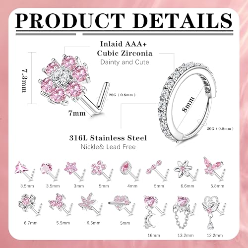 Drperfect Nose Rings L Shaped Nose Studs Ring Hypoallergenic Stainless Steel Nose Ring-Dangle CZ Butterfly Flower Nose Studs Hoops Piercings Jewelry Gift for Women Men 20G Pink/Blue/Clear2