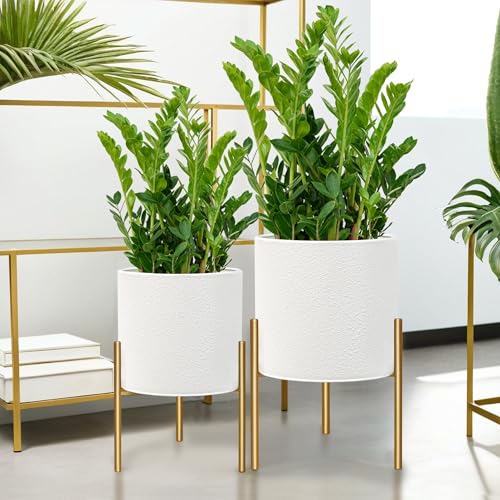 Sizes Medium and Large Color White  Planter Pots, Large Planters with Stand, Set of 2 Metal Planters for Indoor Plants with Drainage Holes for Living Room, Office, Garden or Balcony