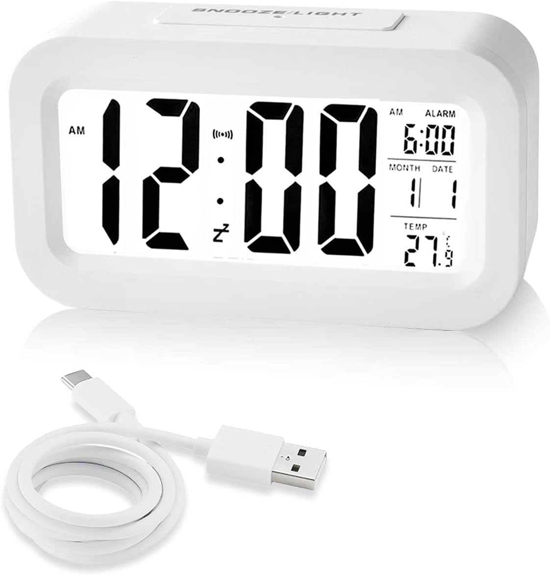MOXTOYU Rechargeable Alarm Clocks, Digital Alarm Clocks Bedside Mains Powered with Adjustable Brightness, 12/24Hours Date and Temperature Display Snooze Function for Bedroom Home Travel Office