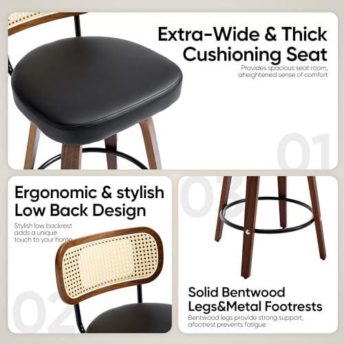 Image of Natural Rattan Bar Stools Set of 2,Upholstered PU Leather, 26'' Counter Height Barstools with Back and Wood Legs,360Swivel,Mid-Century Modern Bar Stool for Kitchen Island Dining Room and Bar(Black)