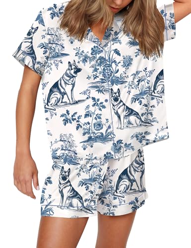 Image of SHESHOW Satin Pajamas for Women Set Preppy Animals Pjs Short Sleeve Shorts 2 Piece Loungewear Sets XS-XXL