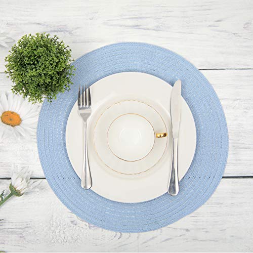 Image of SHACOS Round Braided Placemats Set of 6 Round Table Mats for Dining Tables 15 inch (Light Blue, 6)