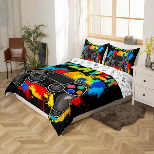Homemissing Game Controller Duvet Cover 135x200cm Gamer Bedding Set for Teens and Boys Game Players Single Bedding Black Tie Dyed Comforter Cover Color Ink Decoration with 1 pillowcases - Image 2