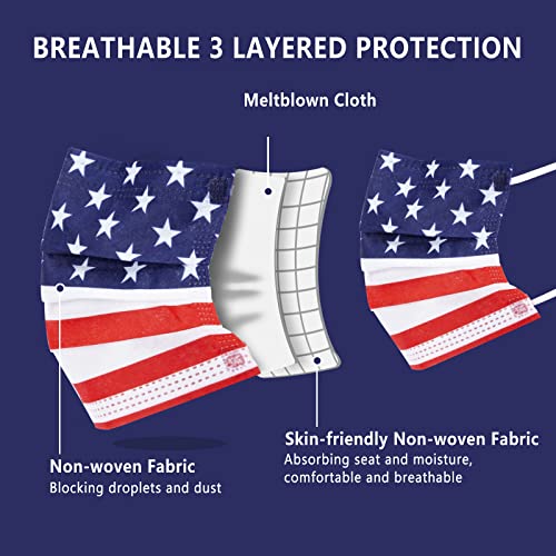 Image of Borje Disposable Face Masks with Designs Patriotic Cute Face Mask 3 Ply USA Flag Print 50 Pcs