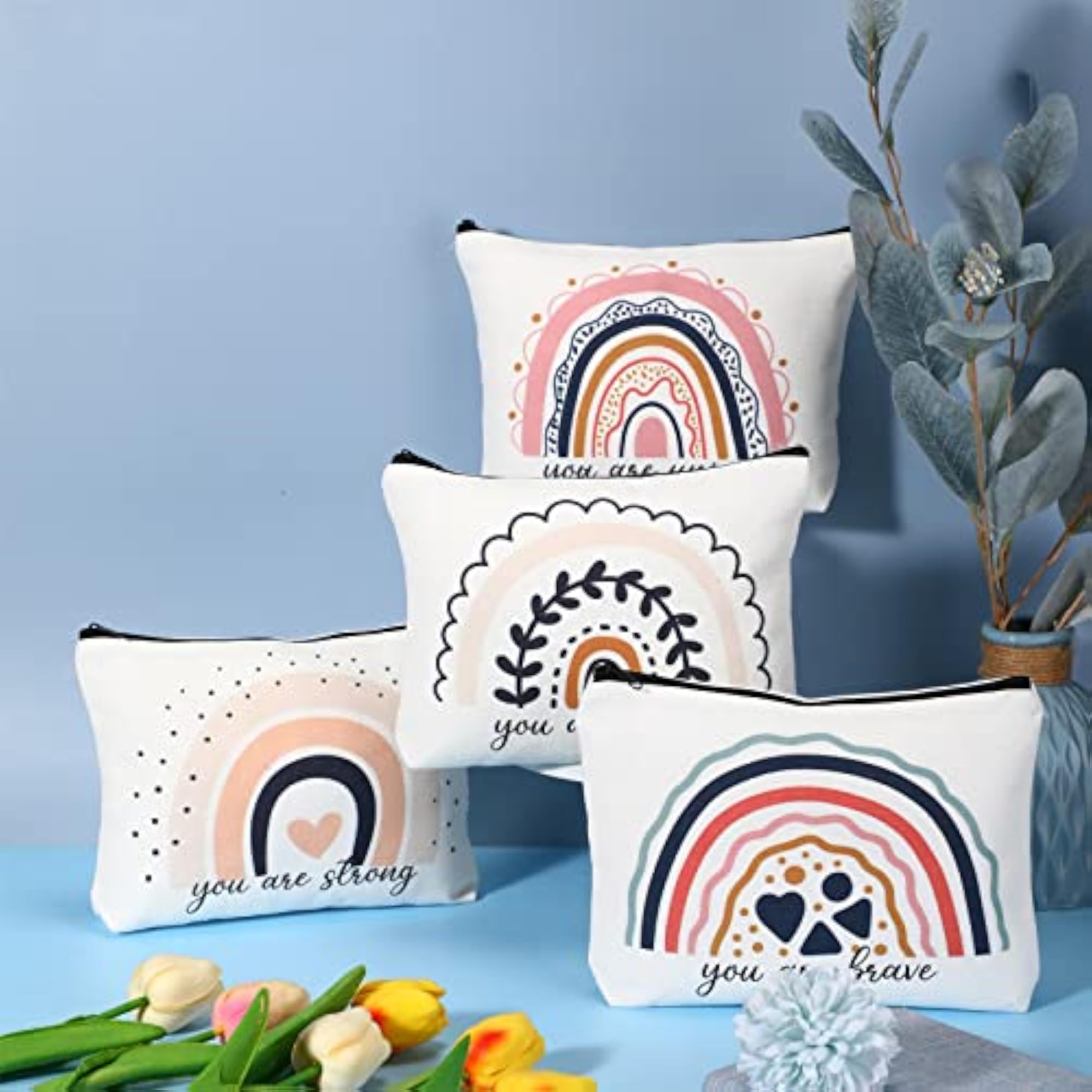 Rainbow Inspirational Quotes Canvas Cosmetic Bag Set, 4 Pieces
