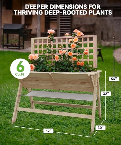 52x30x54In Elevated Garden Bed with Legs, Tall Wooden Planter Box with Climbing Trellis, Outdoor Standing Raised Bed for Vegetables, Flowers, and Herbs-Natural