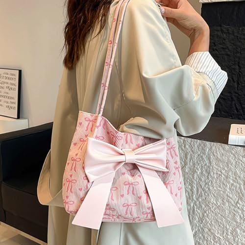 Bow Purse Corduroy Bow Tote Bag Cute Shoulder Bag with Bowknot Heart Printed Handbag Trendy Gift for Women2