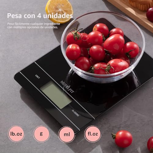 Miniatura 6 de Nutri Fit Báscula De Cocina Digital Recargable, Báscula De Alimentos Con Carga Usb-C Para Cocinar Y Hornear, Plataforma De Pesaje De Vidrio Templado Ancha, Lcd Retroiluminado, 11 Lb 5 Kg Negra