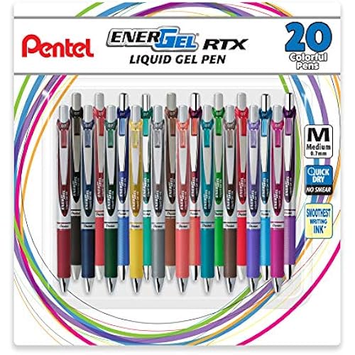 Pentel EnerGel RTX Retractable Liquid Gel Pen, (0.7mm), Medium Line, Metal Tip, Assorted Ink Colors, 20 Pack (BL77BP20M)
