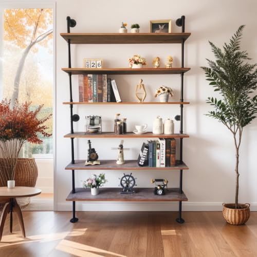 Anynice Industrial Ladder Pipe Shelf, Wall Mounted Wood Metal Bookshelf