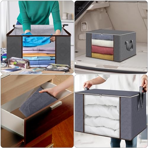 Lot de 6 Sac Rangement Vetement, 90L Caisse rangement Pliable, Conteneurs de Rangement pour Organiser Les Chambres, Armoires, Vêtements, Couettes, avec Couvercle et Poignée, Gris – Image 6