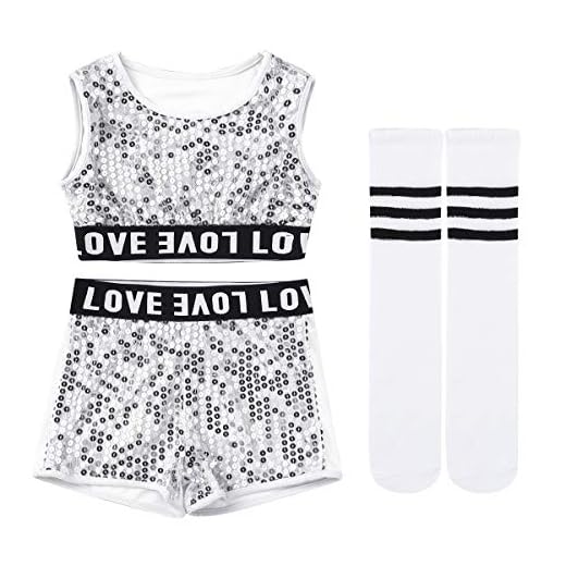 iixpin Traje Infantil de Danza Jazz Hip Hop con Lentejuelas Brillante 3Pcs Crop Top del Vientre-Pantalones Cortos-Medias Traje Rendimiento Niñas 3-14 Años Plateado 3-4 Años