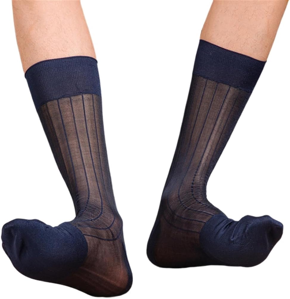 Elegant Men Business Middle Calf Nylon Dress Socks Sheer Thin Ribs See Through Silk Suit Socks for Formal