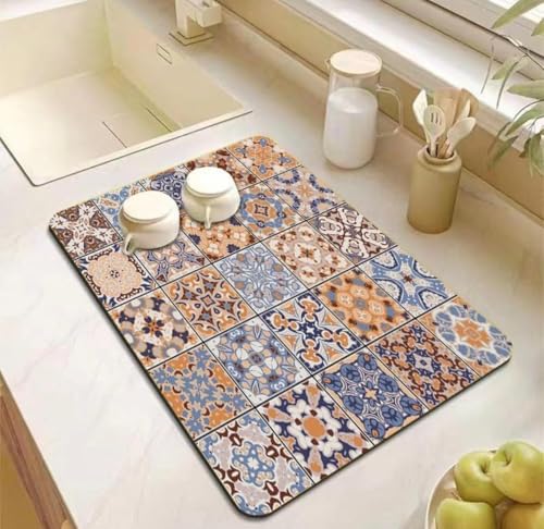Image of HomeCloud Dish Drying Mat for Kitchen Counter - Super Absorbent, Non-Slip & Heat-Resistant - Quick Dry Rack Pad for Dishes, Utensils, Coffee Maker - Stain-Hiding Design (Blue Orange, 40x50cm)