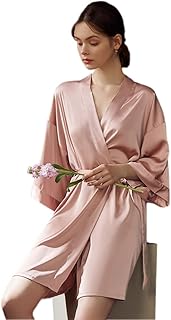 Pijama De Seda Camisón para Mujer Nuevo Camisón Fino De Seda De Hielo De Verano Bata De Baño Sexy Dama De Honor Bata De Boda De Manga Larga hasta La Rodilla (Color : Pink, Size : L-88cm)