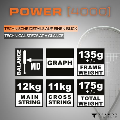 Talbot-Torro Squash-Schläger Power 4000 - Leicht, offensiv & präzise - 100% Graphit - Besaitet & spielbereit - Perfekt für Fortgeschrittene & Clubspieler